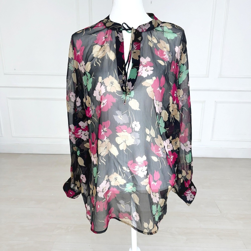 Lauren Ralph Lauren Blouse Womens 2X Black Floral Sheer Tie Neck Long Sleeve Top